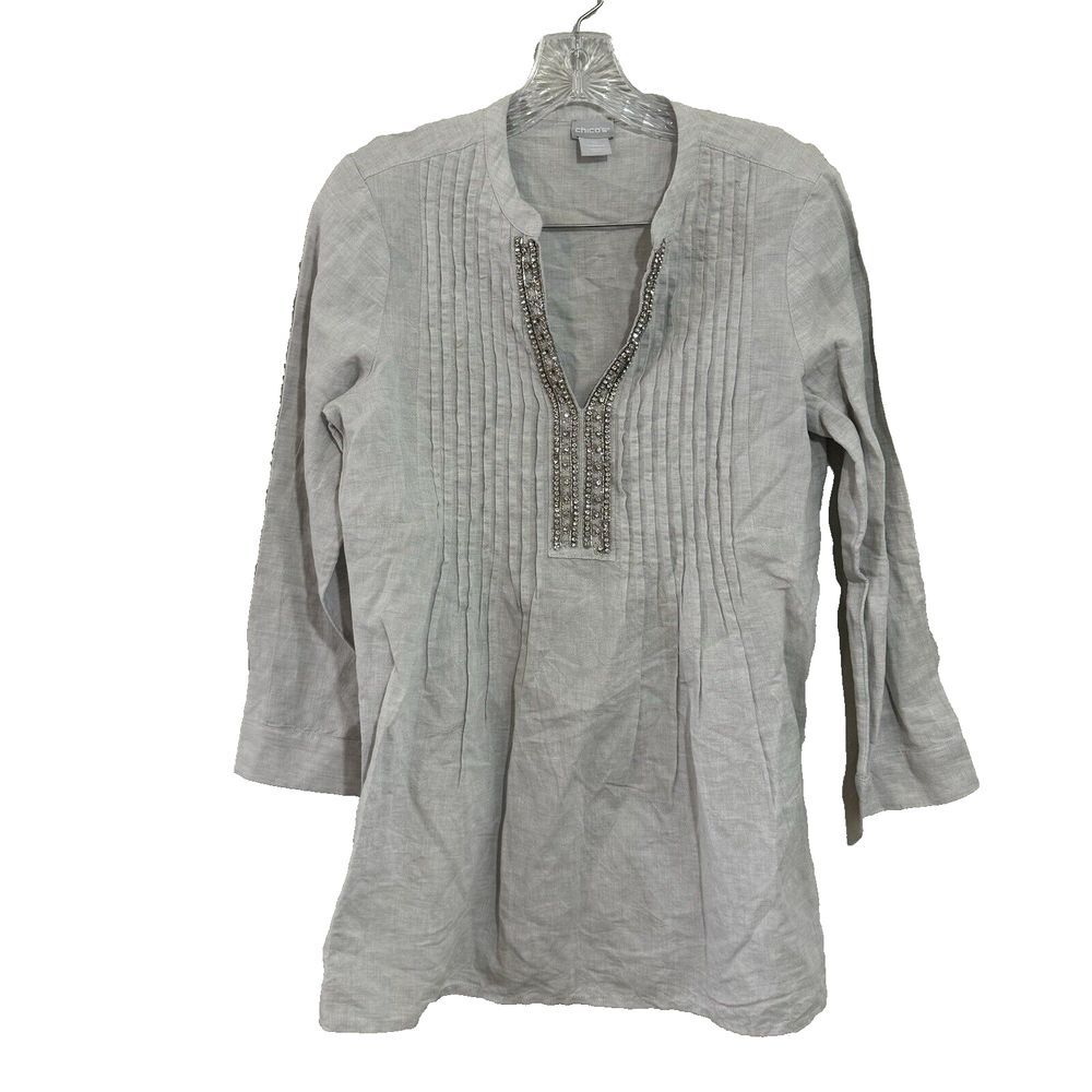 Chicos Top‎ Women Size 1 Pleated Embellished Rhinestones Tunic Linen/Cotton S